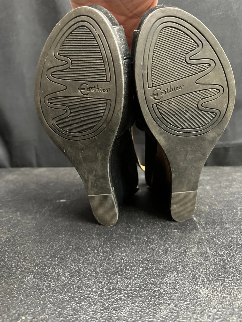 Earthies Black Leather Peep-Toe Slingback Wedges “Seria” 9B